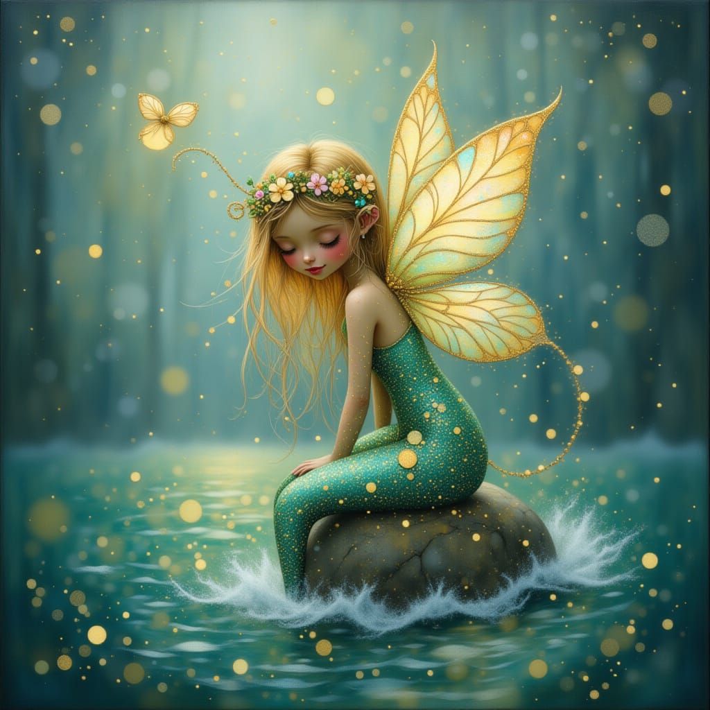Iridescent Fairy Above Mermaid on Shoreline