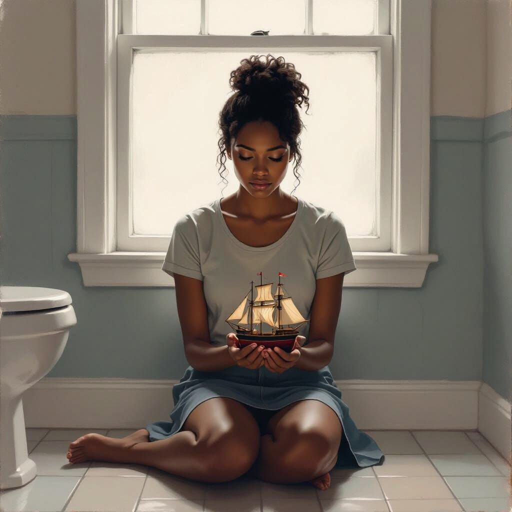 Melancholic Portrait of Woman with Ship, Contemporary Style