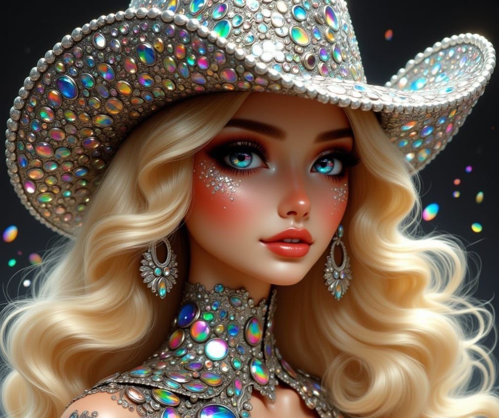 Futuristic Whimsy: Serene Barbie Doll Woman in Iridescent Co...