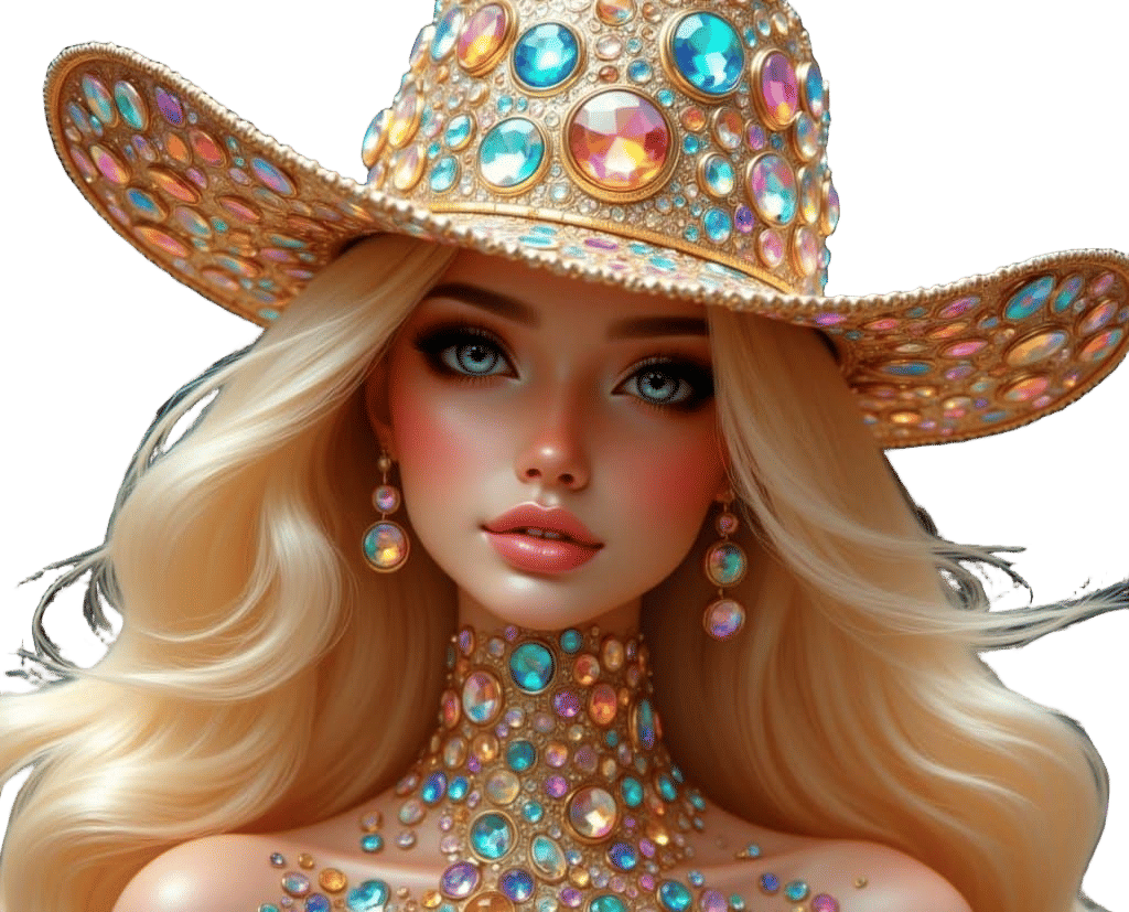 Surreal Barbie Doll Woman in Glittering Cowboy Hat, Iridesce...