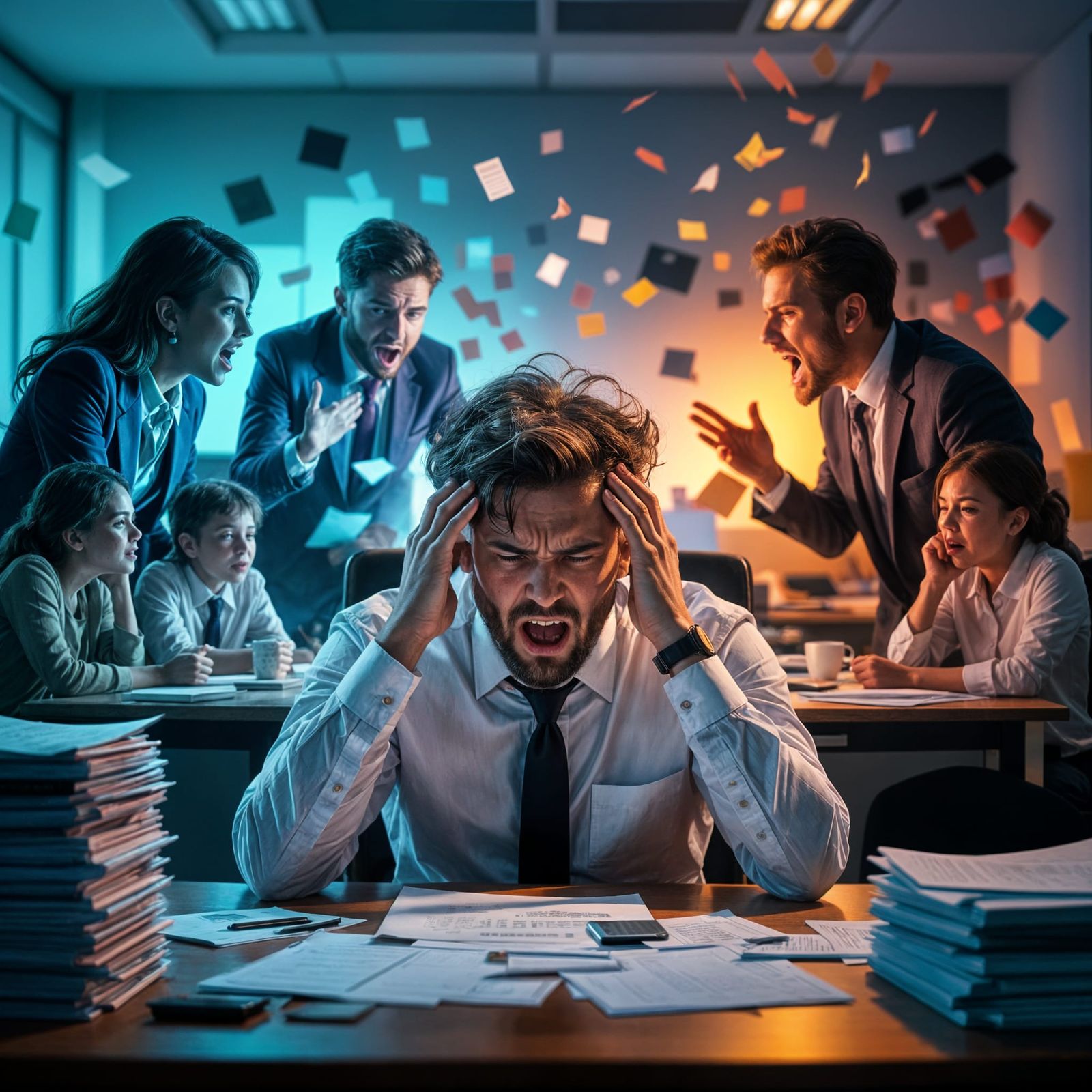 Surreal Office Stress: Double Exposure of Overwhelmed Worker