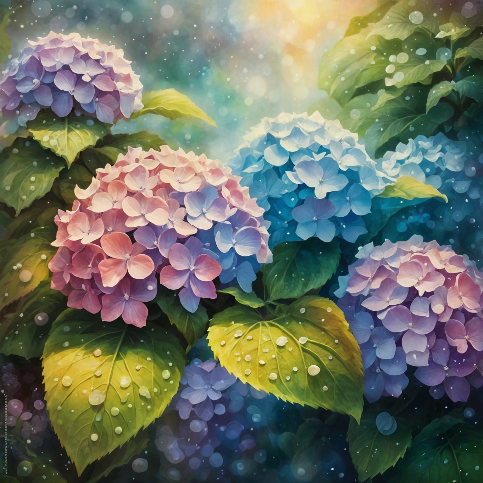 Vibrant Hydrangea Garden in Ethereal Style