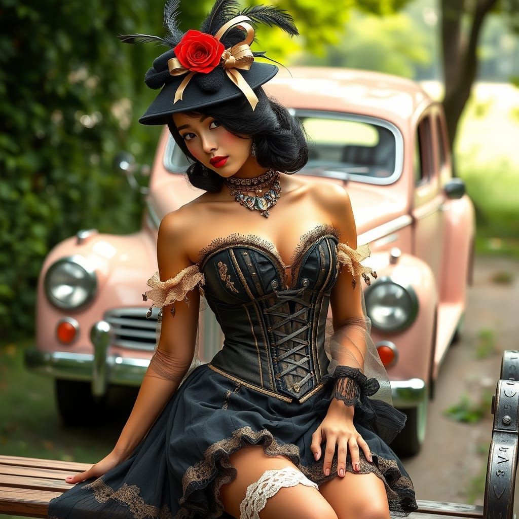 Victorian Woman with Vintage Car: Glamour Portrait