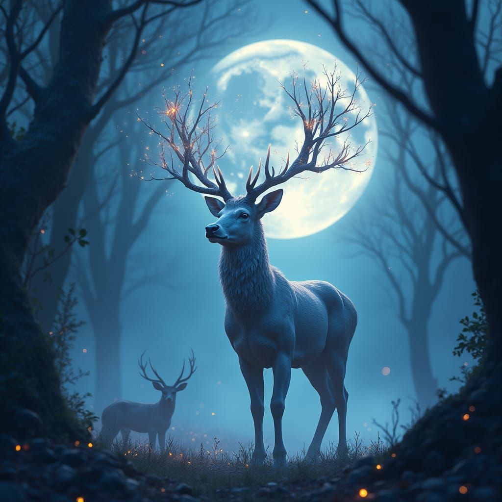Glowing Deer in Enchanted Forest, Mystical Art