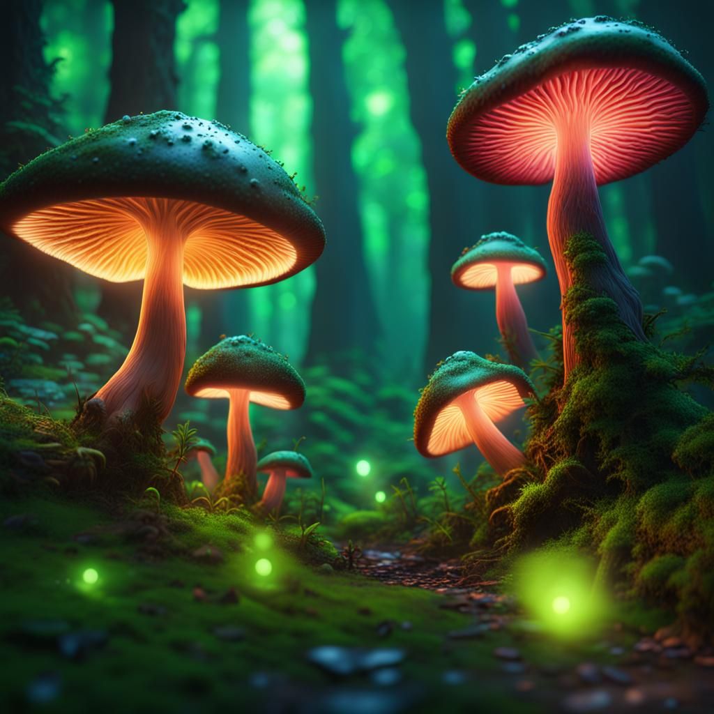 Glowing Mushrooms Light a Vibrant Fantasy Forest