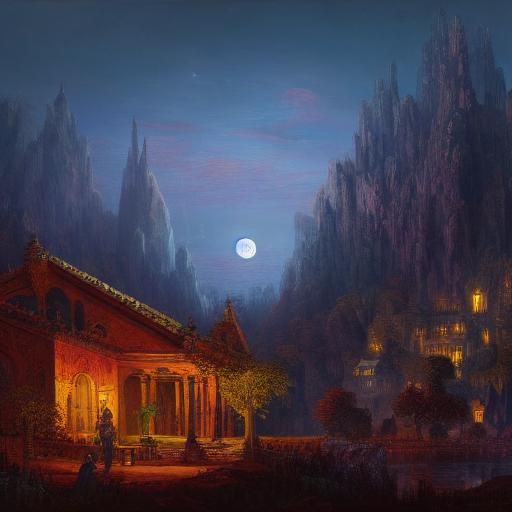 Fantasy Matte Painting with Full Moon, Artstation Unreal Eng...