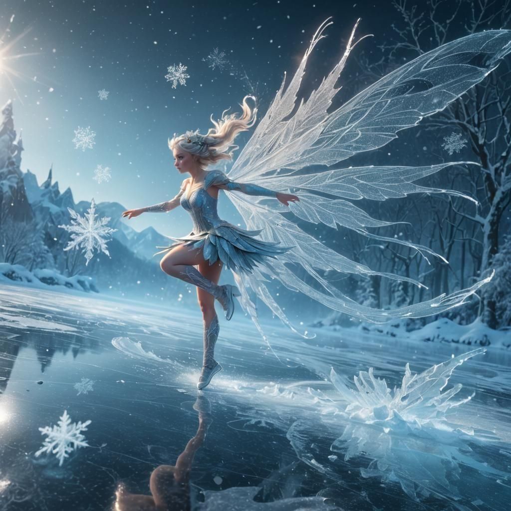 Ethereal Frost Fairy Glides Across Frozen Lake