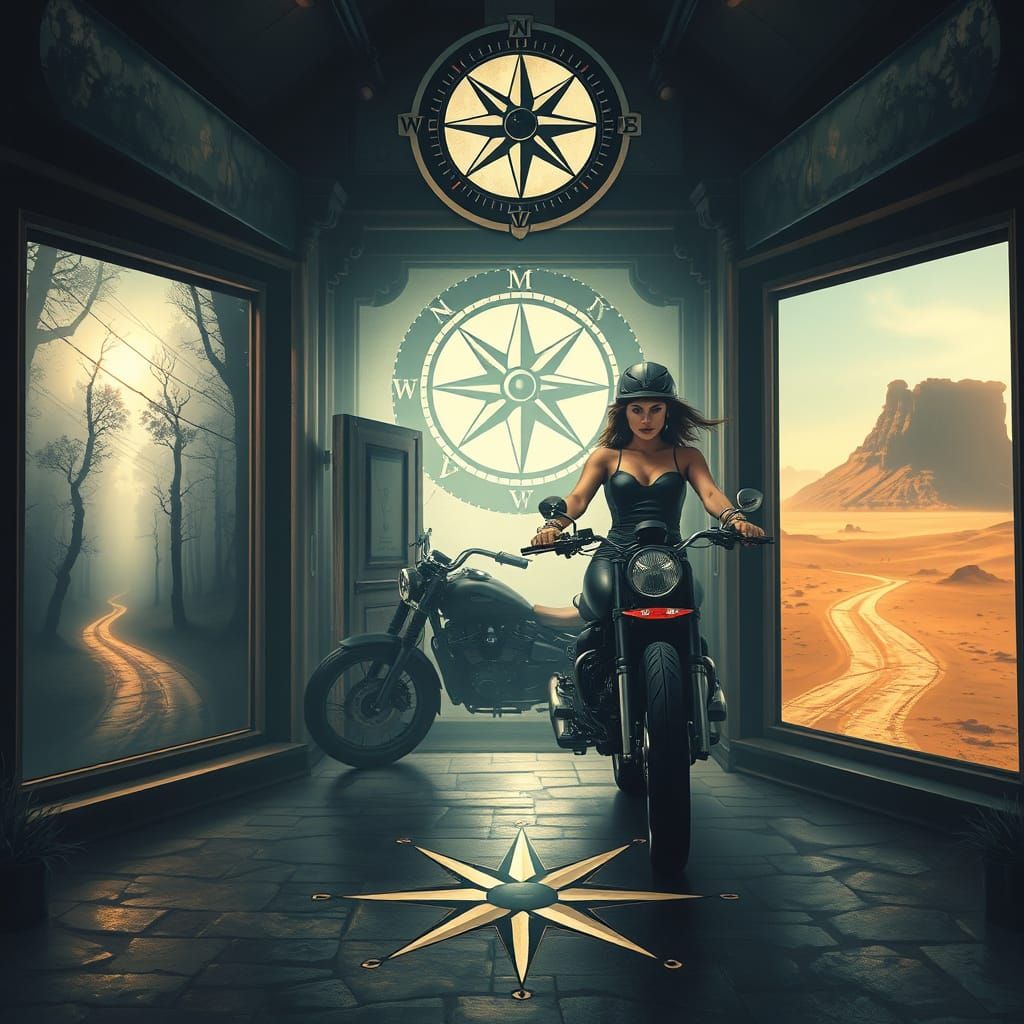 Mystical Biker Woman Stands at Crossroads of Magic and Myste...