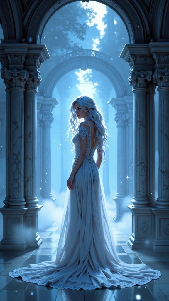 Pale Maiden Under Moonlit Arches in Dreamlike Painterly Styl...