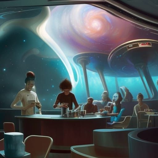Cosmic Coffee Shop with Futuristic Baristas, in Splash Art