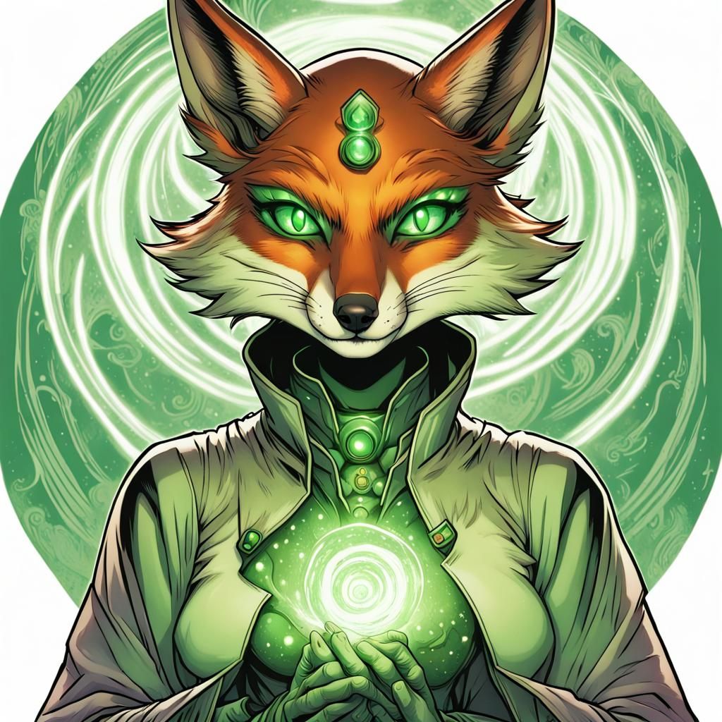 Hypnotized Fox Mage with Glowing Eyes, in 2D Art Style