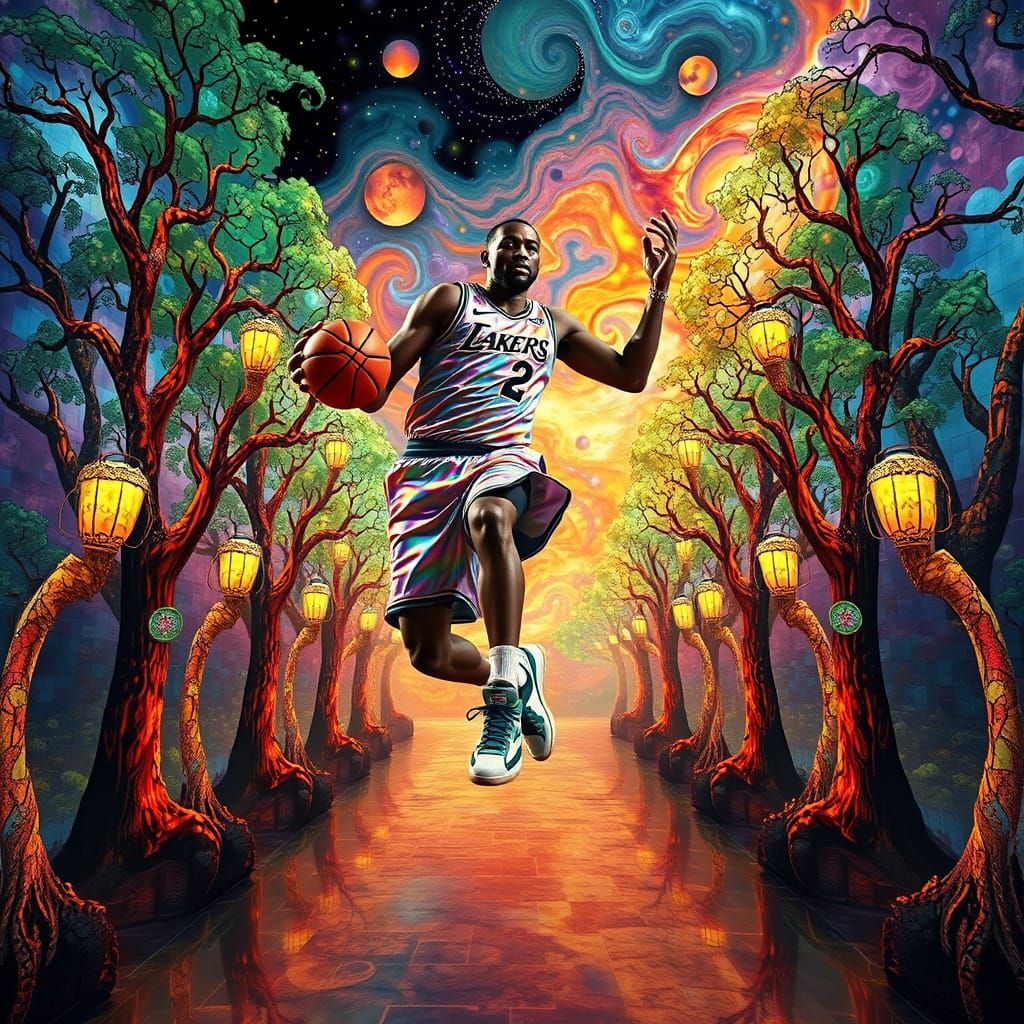 Basketball Player in Surreal Dreamscape, Psychedelic Art