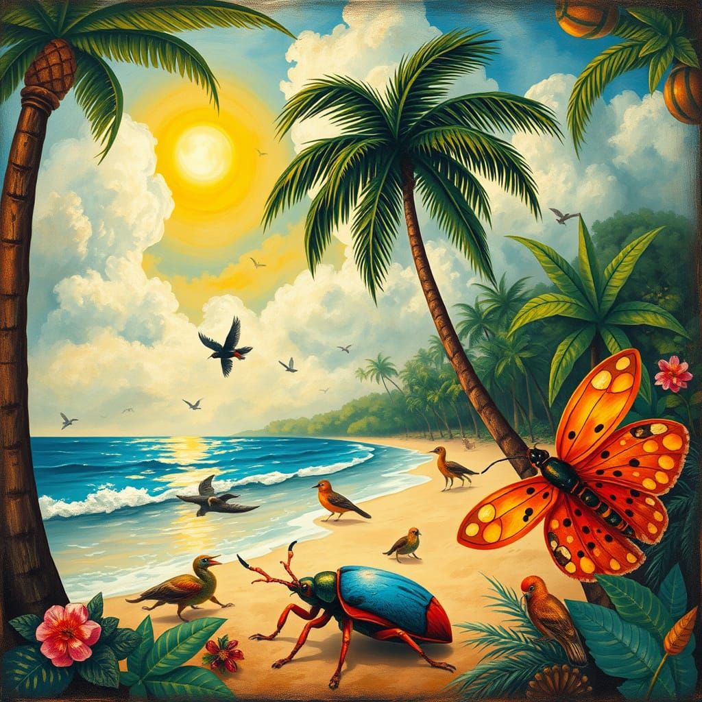 Tropical Paradise with Exotic Wildlife and Whimsical Details