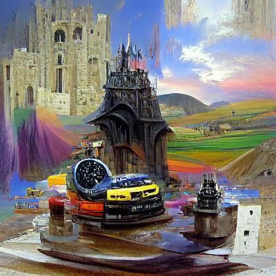 Clockwork Car and Castle in Oil Painting Style