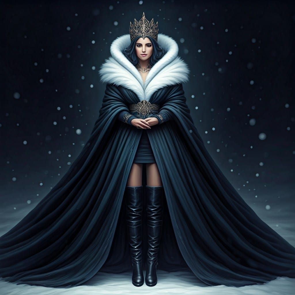 Elegant Snow Queen in Black Boots and Stilettos