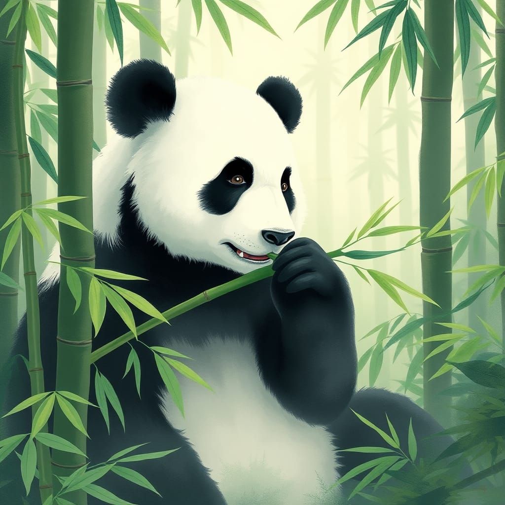 Panda in Misty Bamboo Forest: Ukiyo-e Style