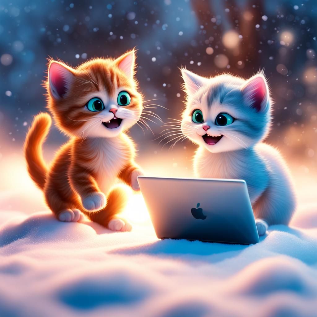Kittens Play with MacBook in Snow: 3D Digital Art