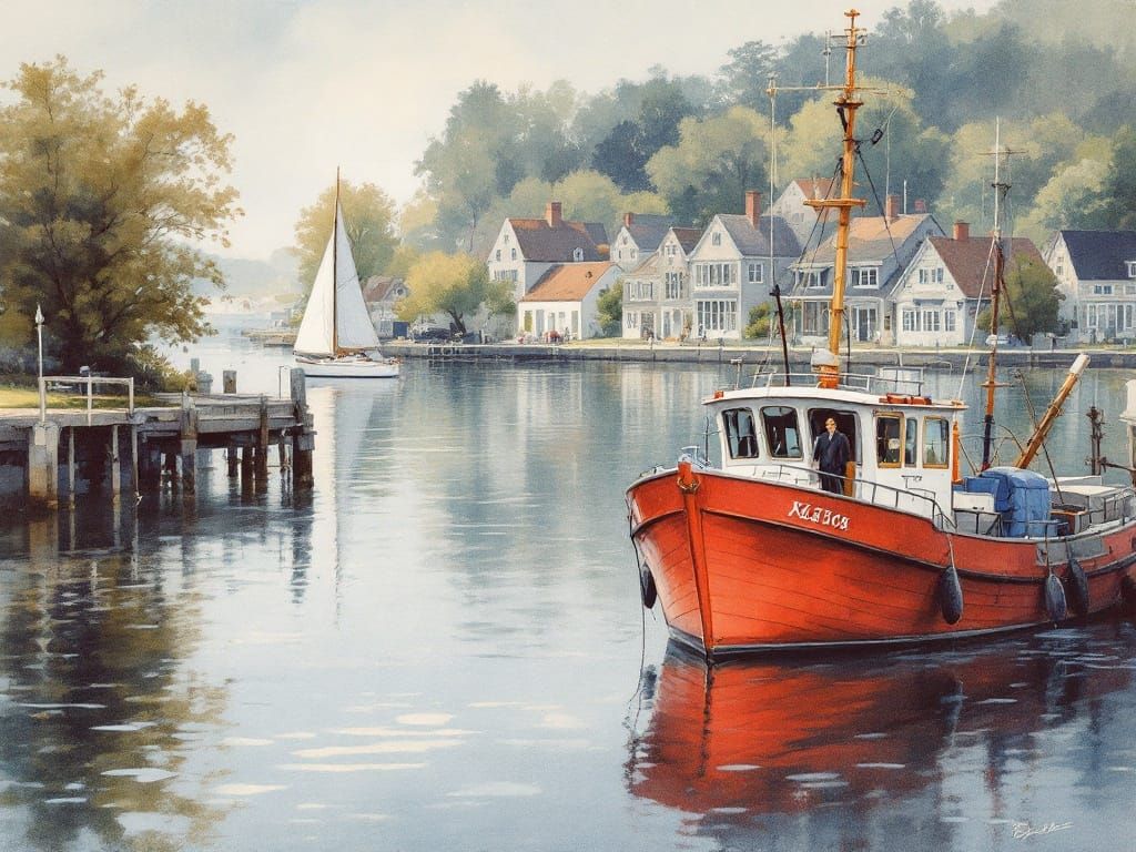 Serene Harbor Scene in Watercolor Style