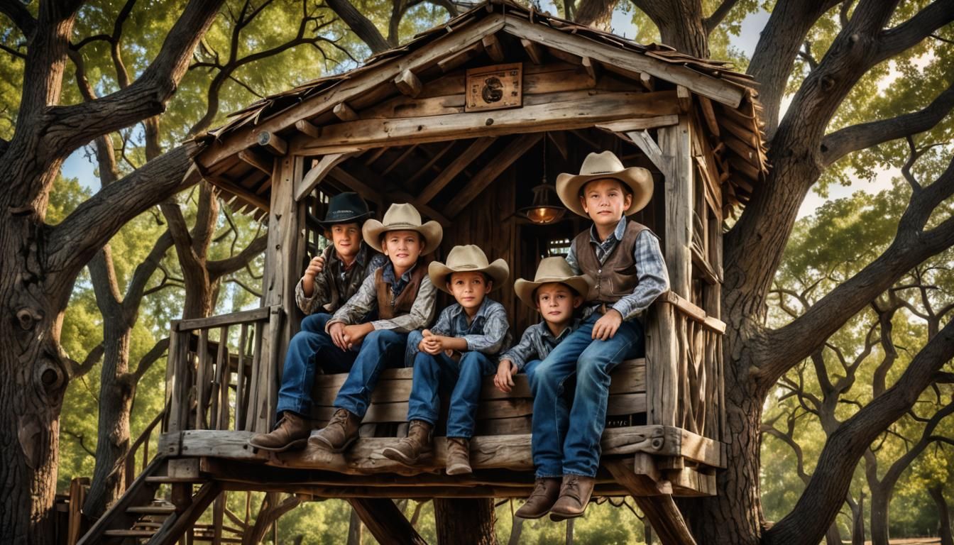 Boys Play Cowboys in Treehouse: Hyperrealistic Image
