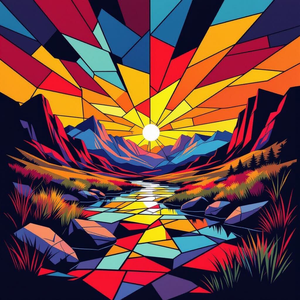 Vibrant Stained Glass Landscape in Pop Art Style