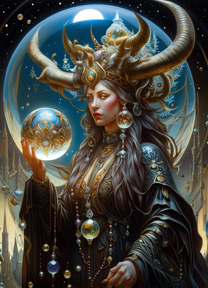 Ornate Shaman Goddess Juggling Fantasy Worlds