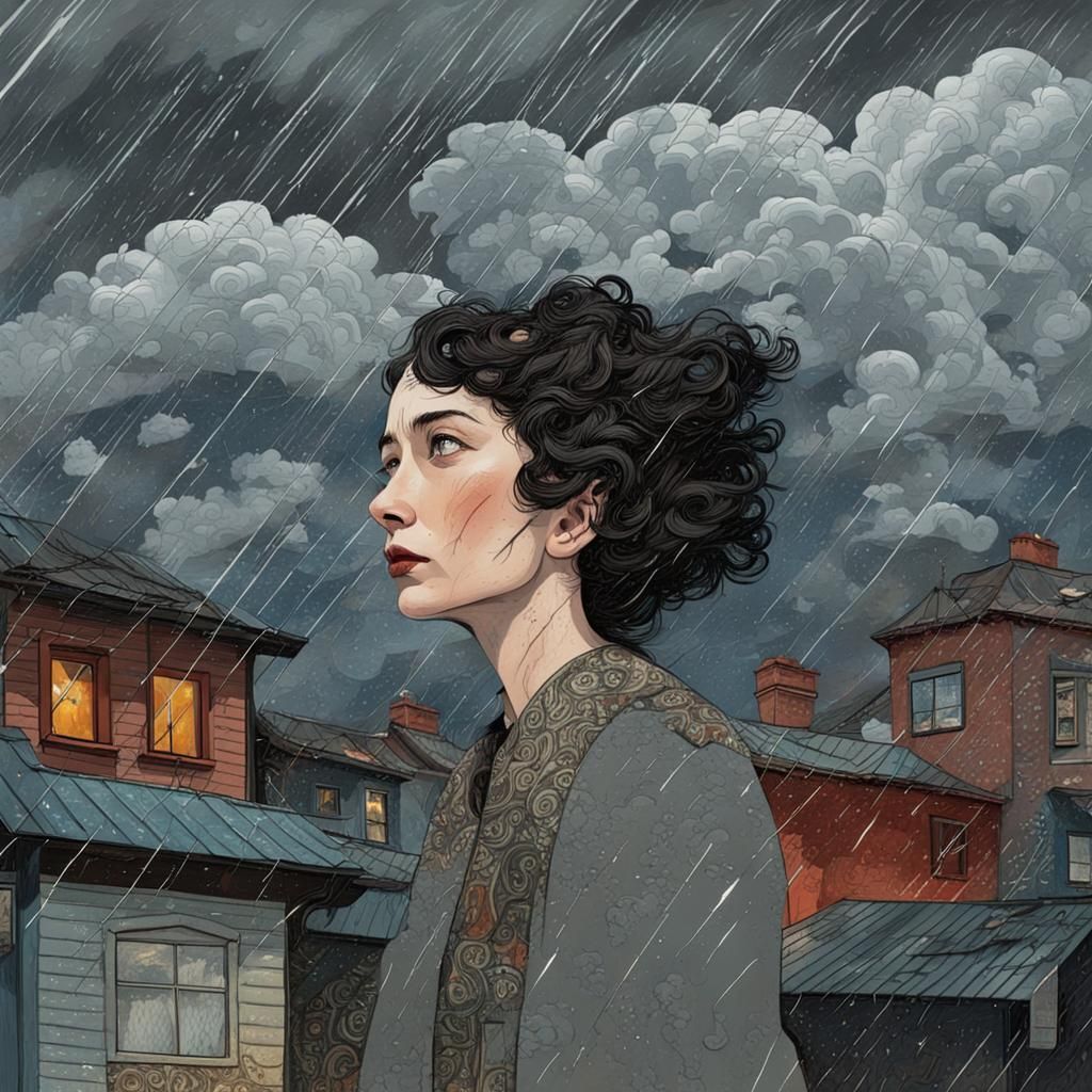 Stormy Folk Art with Rain Clouds and Lightning