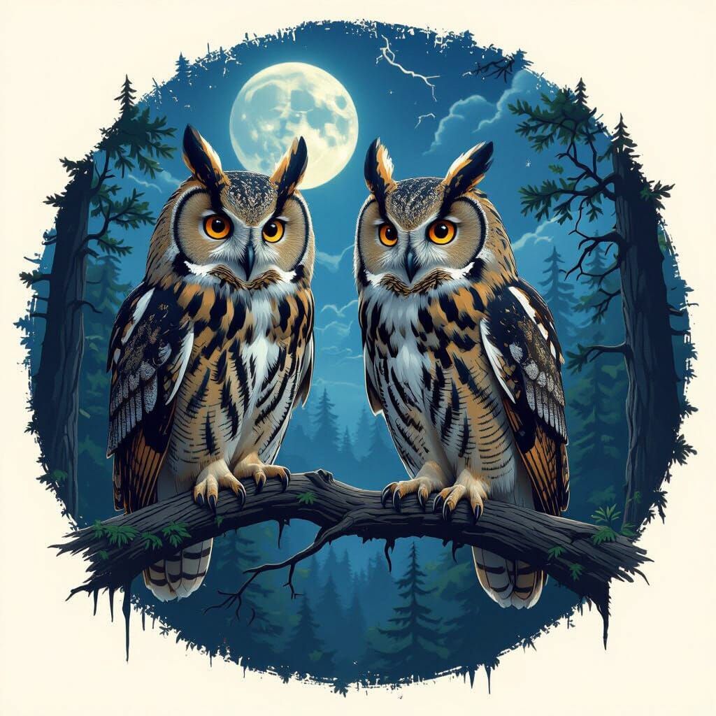 Two Owls on Branch Under Moonlit Stormy Night Sky