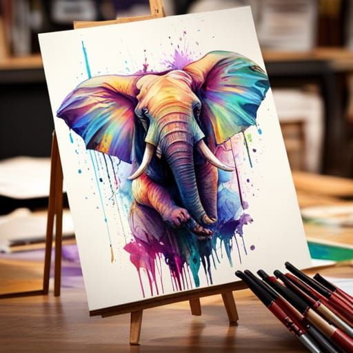 Rainbow Elephant with Broom in Splash Art Style