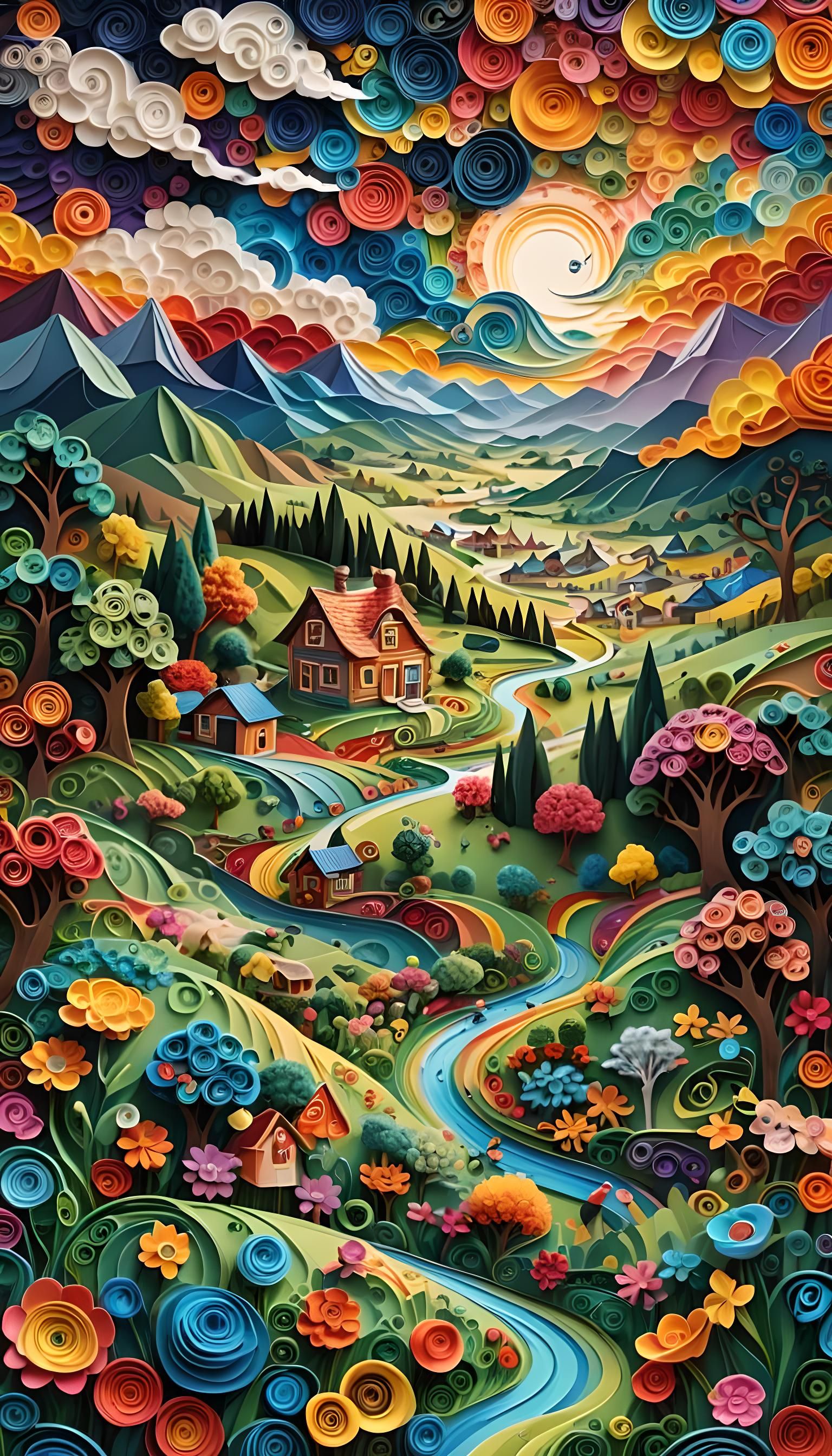 Psychedelic 3D Quilled Countryside Paper Art