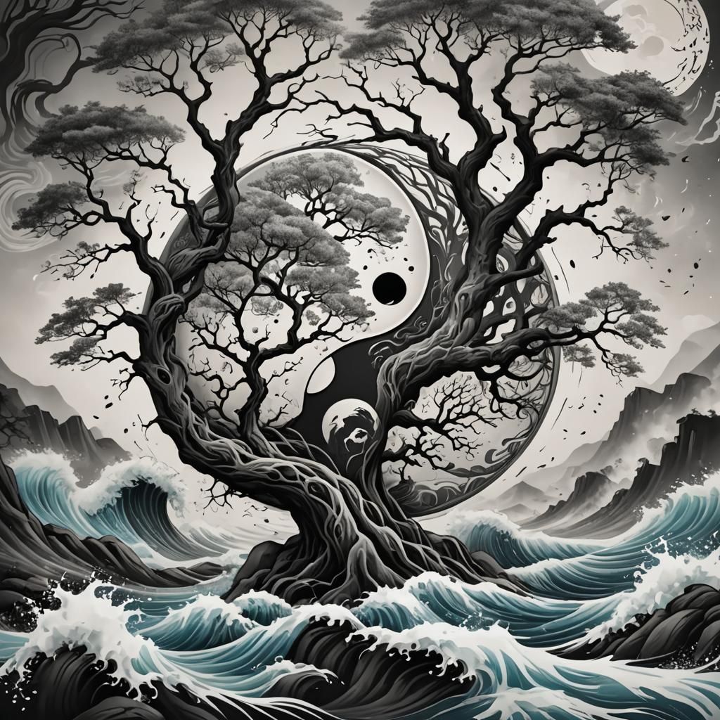 Yin Yang Tree and Wave Tattoo Design