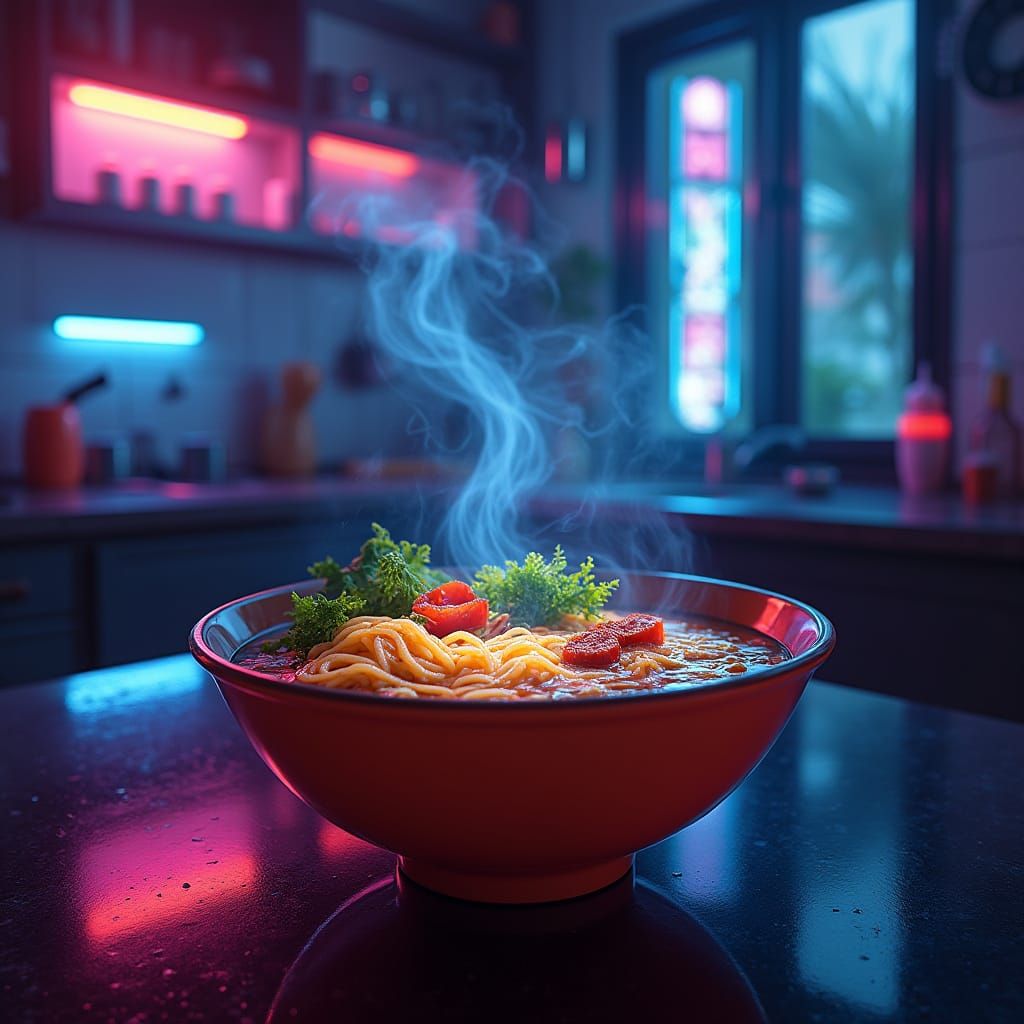 Cyberpunk Fiber Optic Ramen in Neon Kitchen