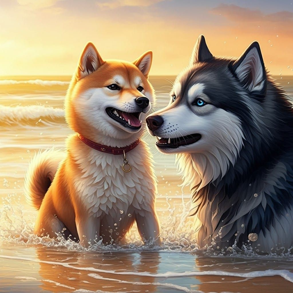 Joyful Shiba Inu and Husky Beach Encounter