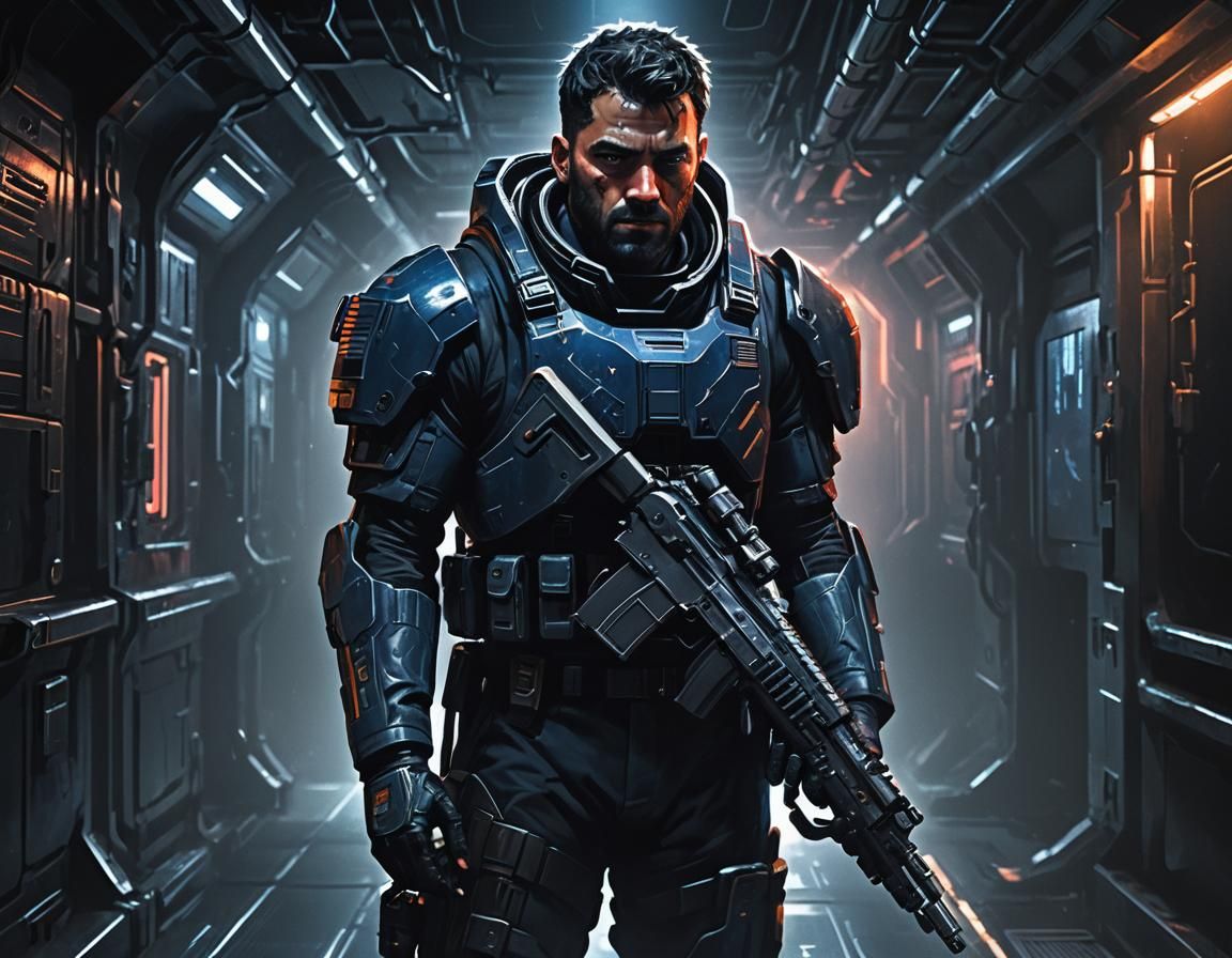 Space Force Soldier in Dimly Lit Corridor