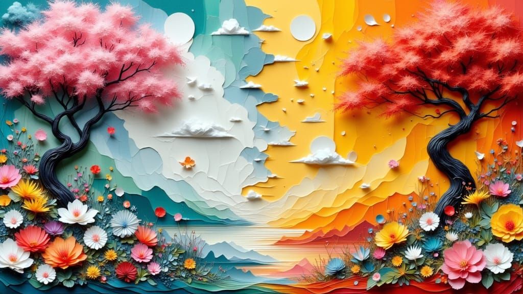 Surreal Spring vs Autumn Paper Art Scene
