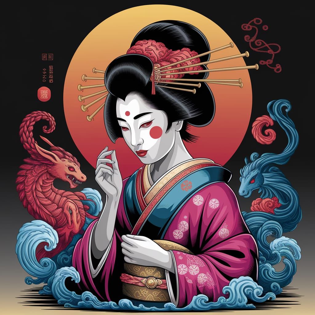 Elegant Geisha in Zentangle-Inspired Cyberpunk Setting