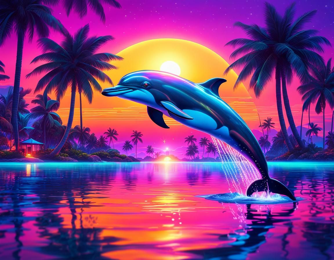 Neon Dolphin Leaps at Sunset: Miami in Eighties Style