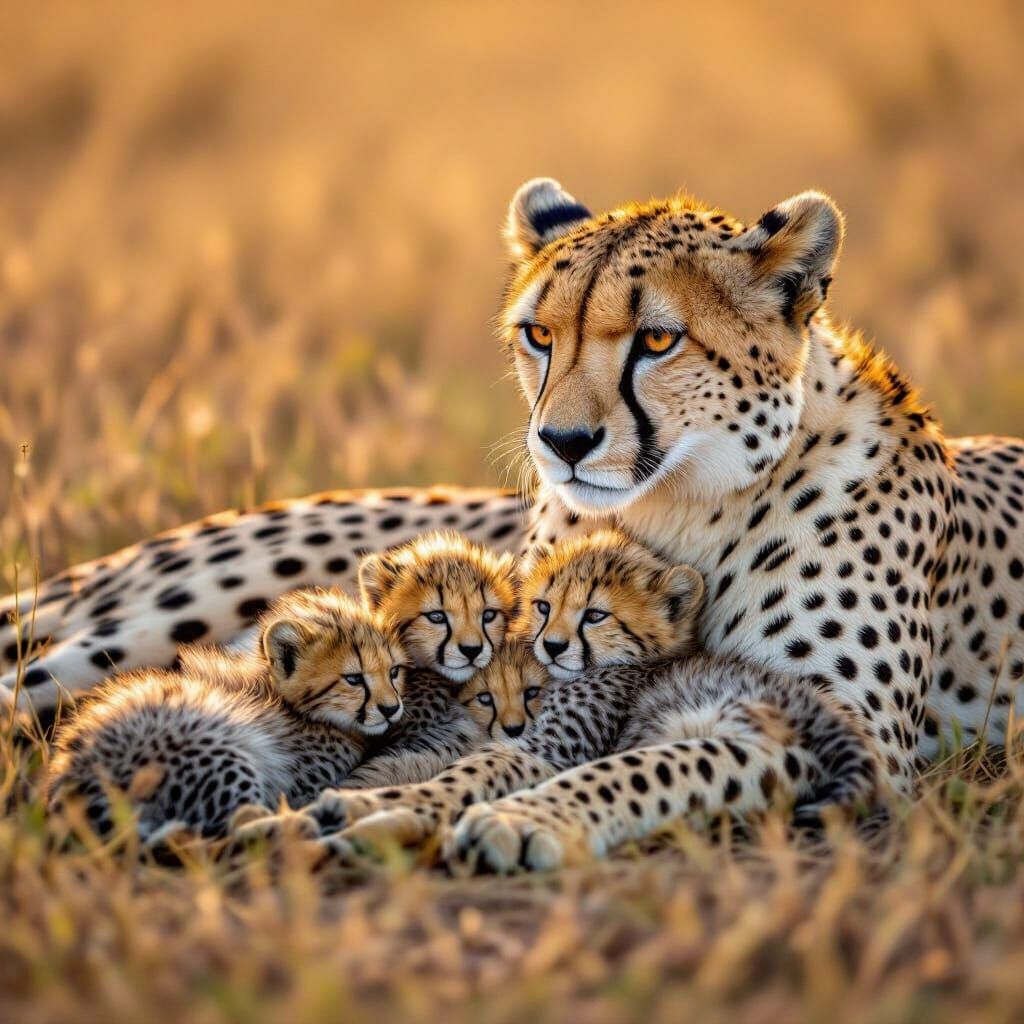 Mother Cheetah and Cubs in Savanna Sunlight