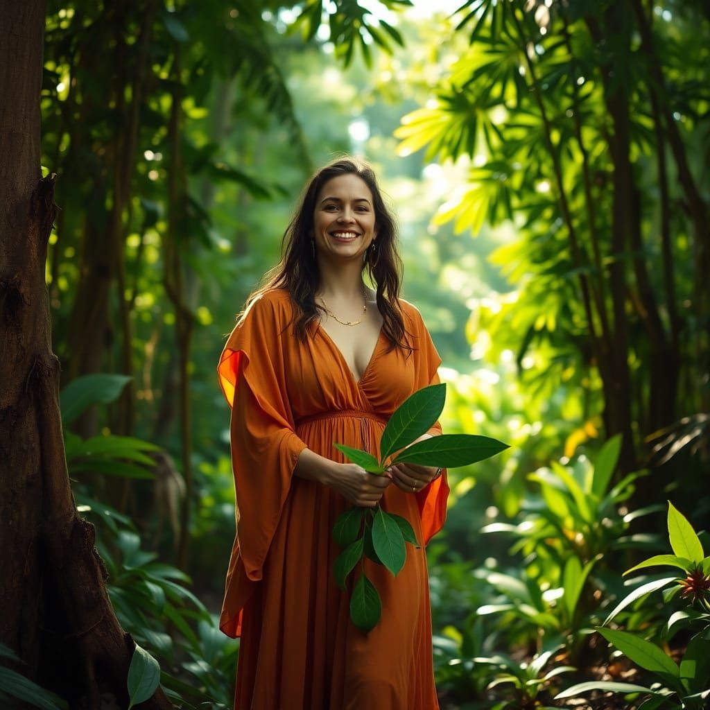 Vibrant Woman Gathering Ayahuasca in Amazonian Forest