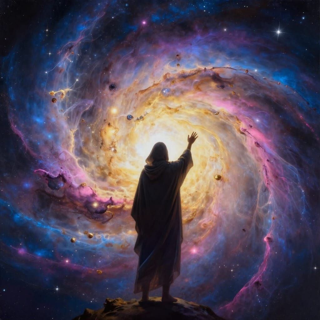 Cosmic Rebirth: Figure Reaching for Nebula in Neo-Futuristic...