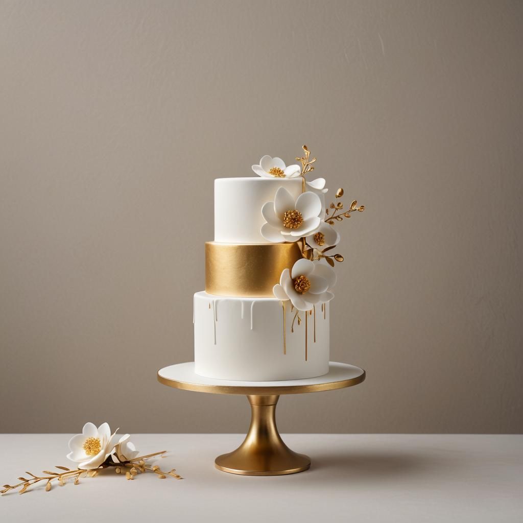 Minimalist Wedding Cake with Gold Leaf and Sugar Flower