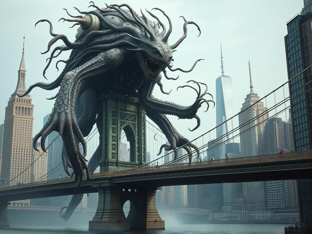 Undead Biomechanical Mass Towers Over Manhattan Bridge