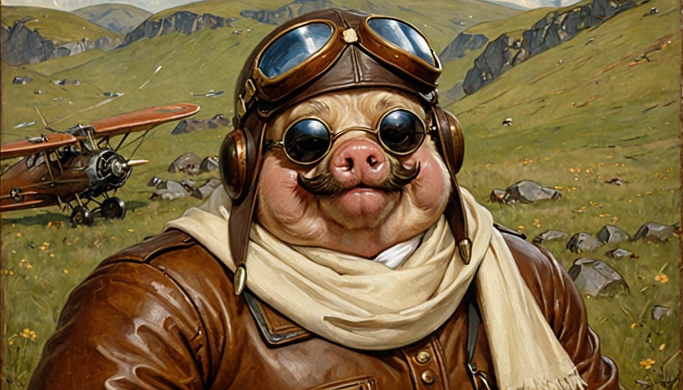 Vintage Pilot Pig in Oil Painting Style