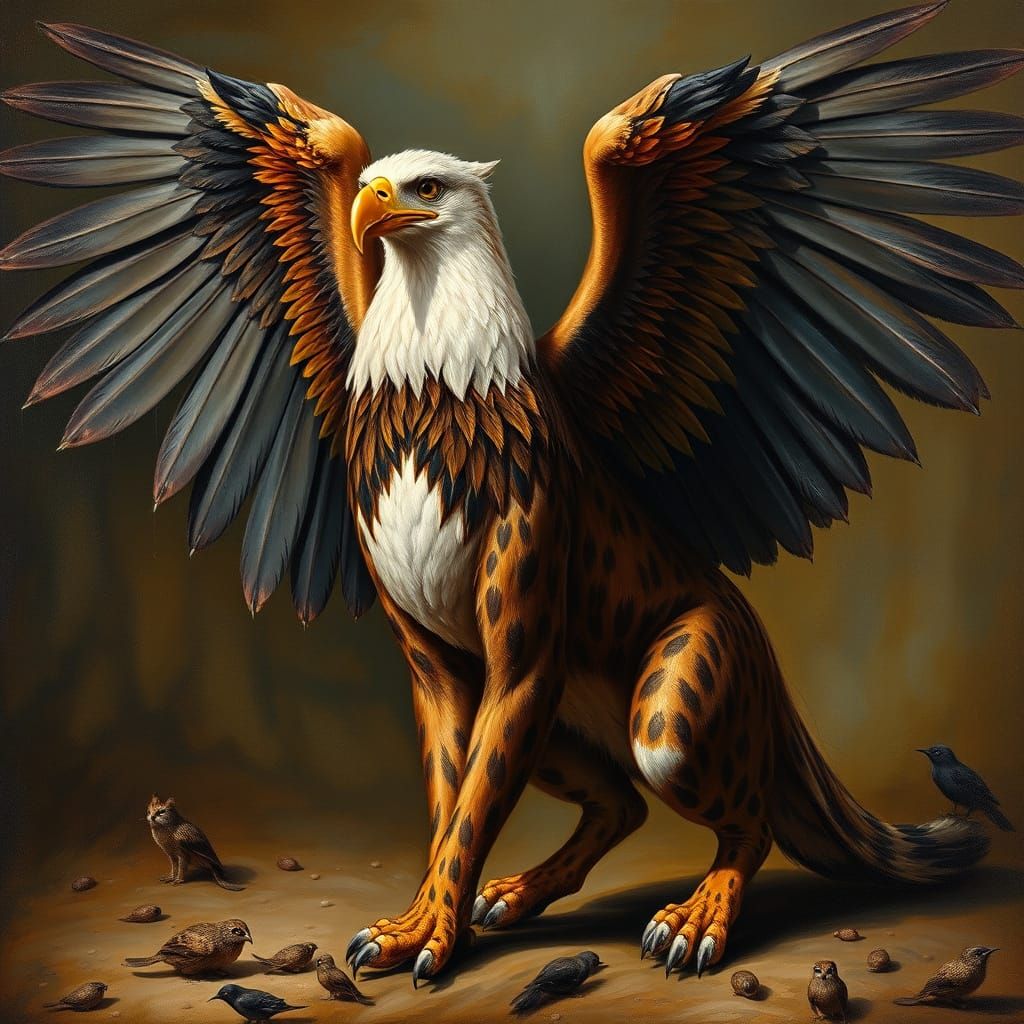 Realistic oil painting. A mysterious animal, half cat, half eagle.