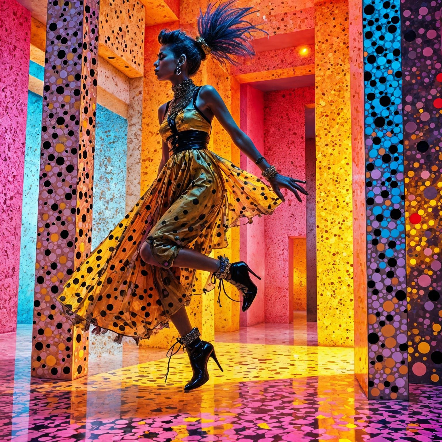 Avant-Garde Woman in Psychedelic Polka Dot Room
