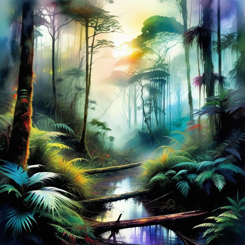 Misty Rainforest: Digital Watercolor Fantasy Landscape