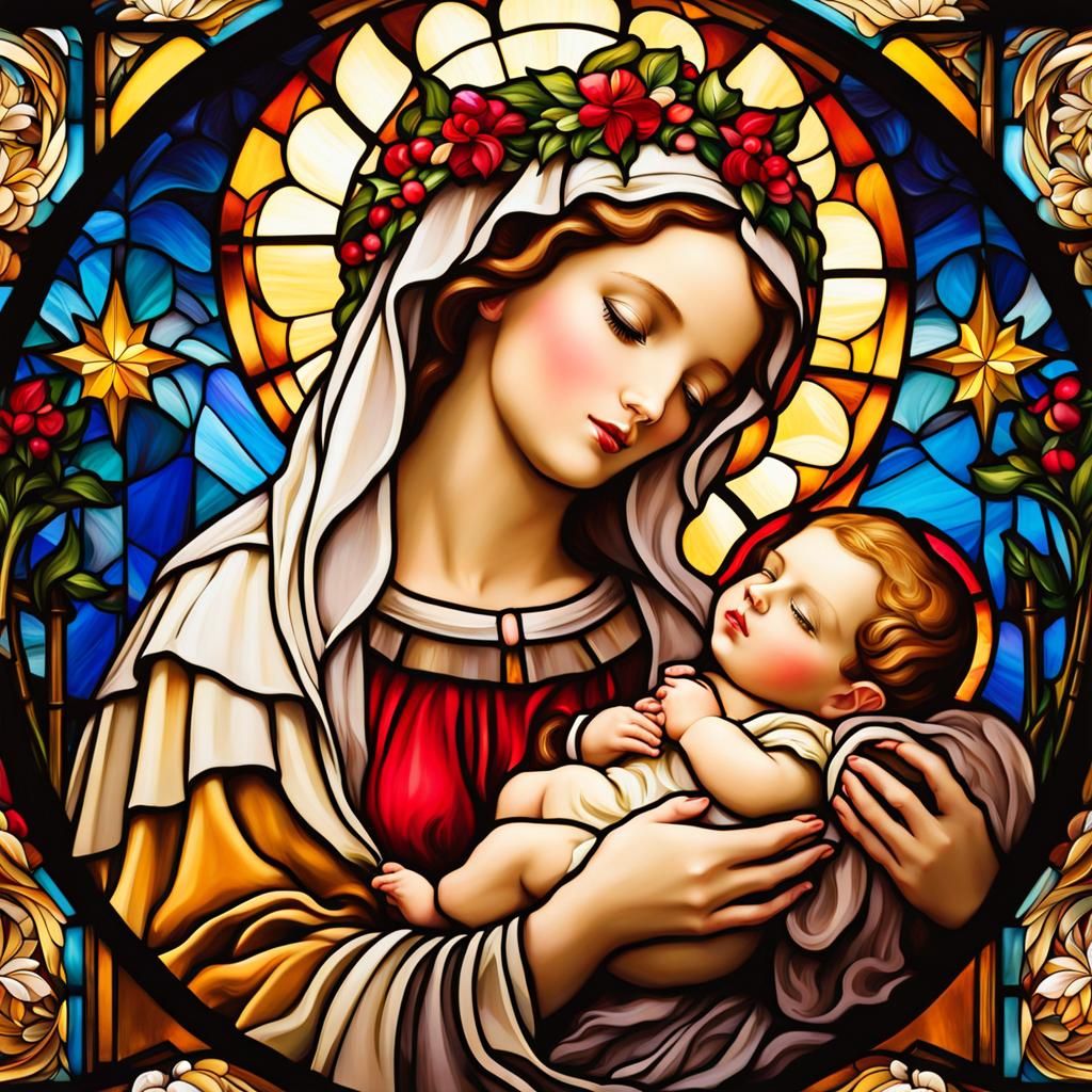 Stained Glass Nativity Scene in Art Nouveau Style