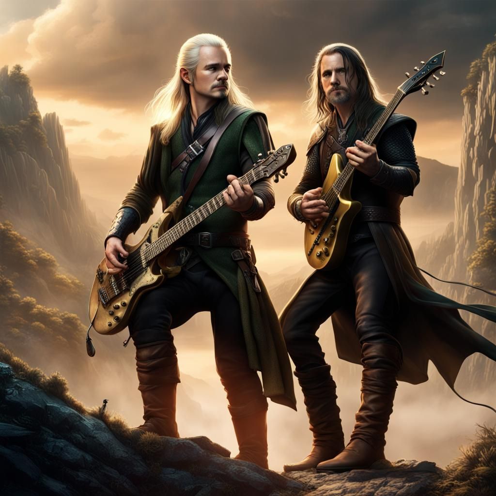 Legolas and Aragorn as rock guitarists