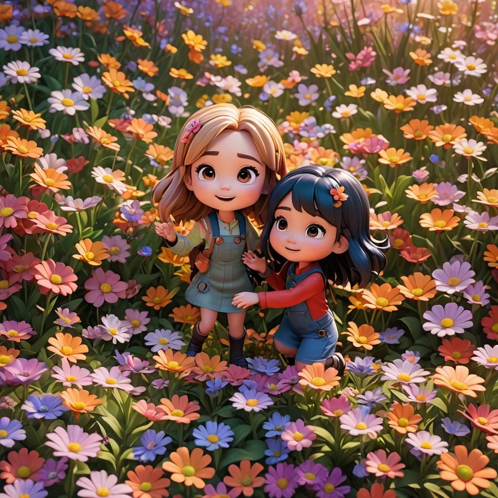 Two Chibi Girls Playing: Pixar-Style 3D Art