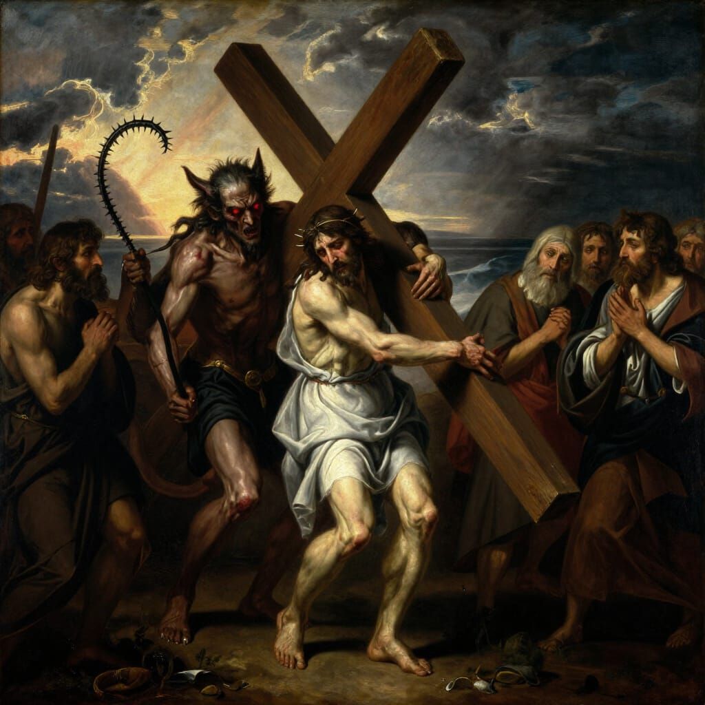 Jesus Carries Cross, Tormented by Demon, Oil Painting Style