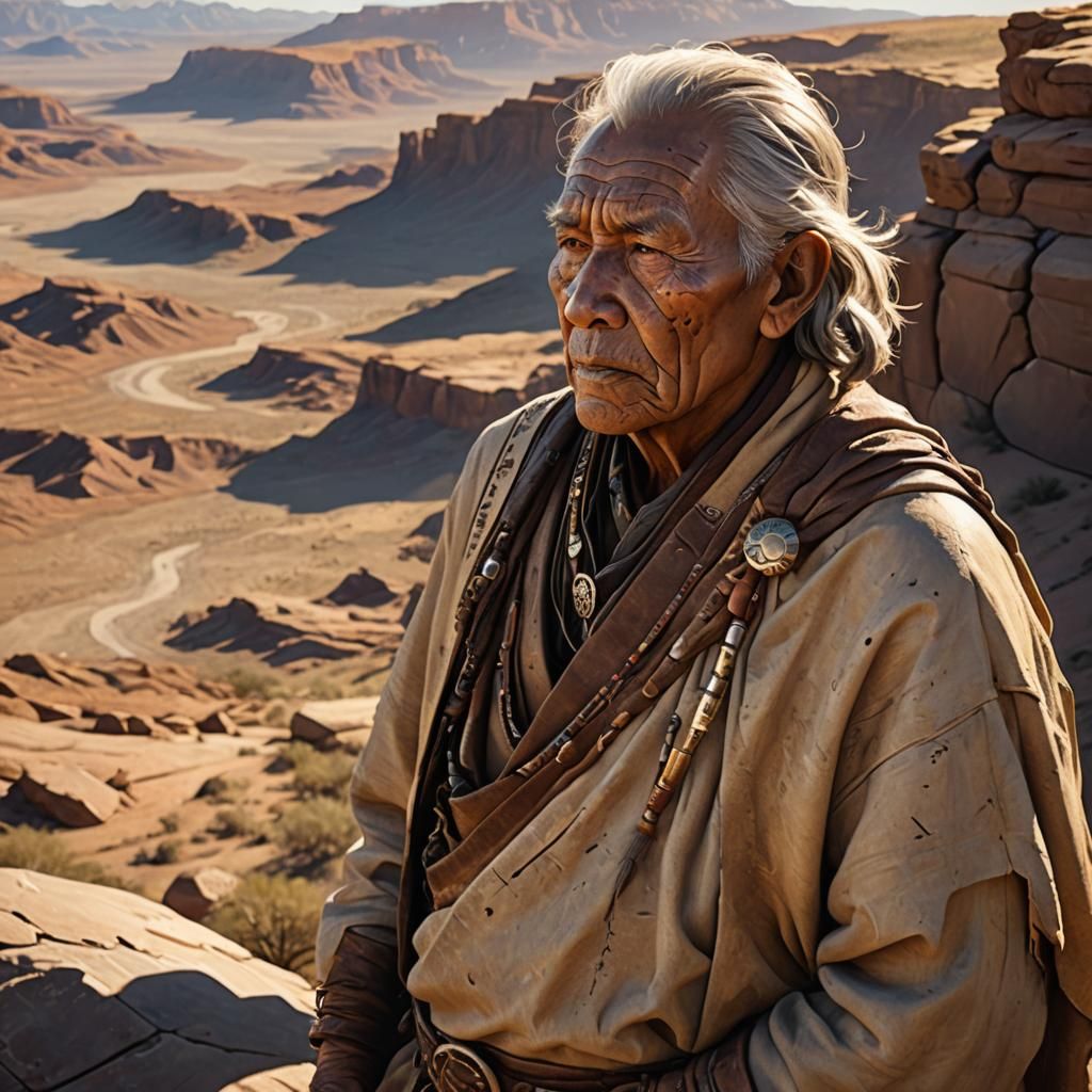 Native Elder Overlooking Desert Landscape